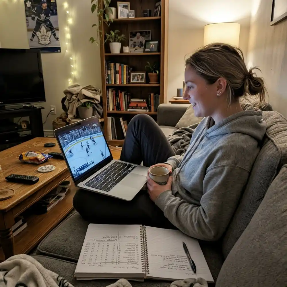 Young adult sitting on a couch watching a hockey game on a laptop with a notebook of player stats nearby